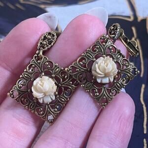 Vintage 1940s Brass Tone Celluloid Rose Intricate Floral Filigree Earrings A1